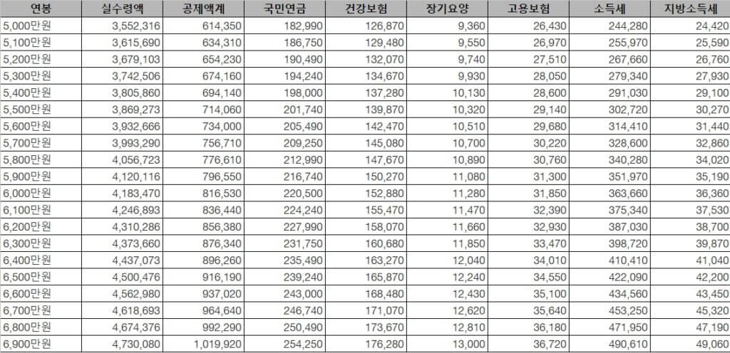 연봉5,000만원,6,000만원대 실수령액