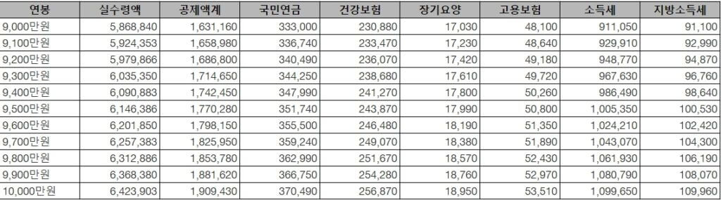 연봉9000만원~1억대 실수령액